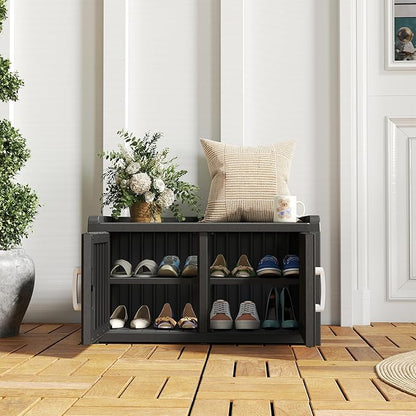 NUNU LAB Shoe Cabinet for Entryway,Waterproof Shoe Storage Cabinet with Adjustable Shelves for Living Room,Resin Storage Bench with Seat for Hallway,Shoe Bench with Doors for Foyer(Black, 2-Door)