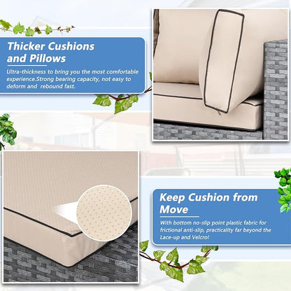 5 Piece Outdoor Patio Furniture Set,Silver PE Rattan Wicker Sectional Sofa, All Weather Conversation Set with Washable Cushions & Glass Coffee Table for Backyard Poolside Garden Porch,Khaki