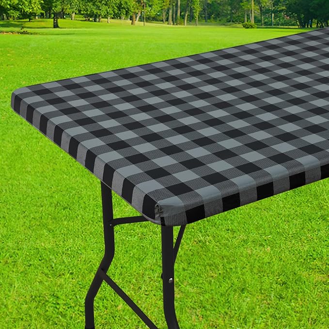 Smiry Rectangle Picnic Table Cloth, Elastic Waterproof Fitted Vinyl Tablecloths, Flannel Backed Buffalo Plaid Table Covers for Dining, Camping, Outdoor (Black and Grey, 30" x 48")