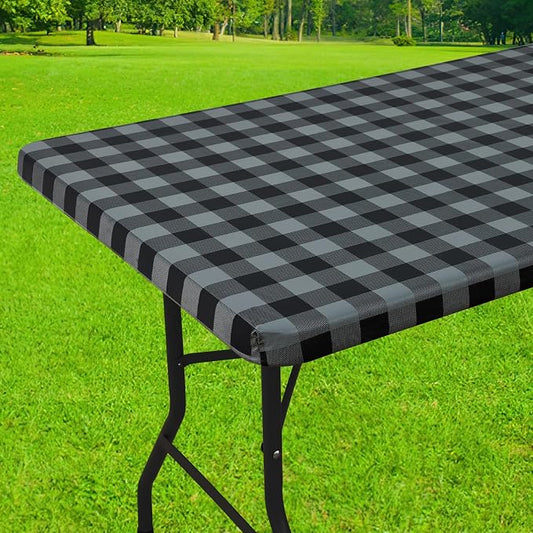 Smiry Rectangle Picnic Table Cloth, Elastic Waterproof Fitted Vinyl Tablecloths, Flannel Backed Buffalo Plaid Table Covers for Dining, Camping, Outdoor (Black and Grey, 30" x 48")