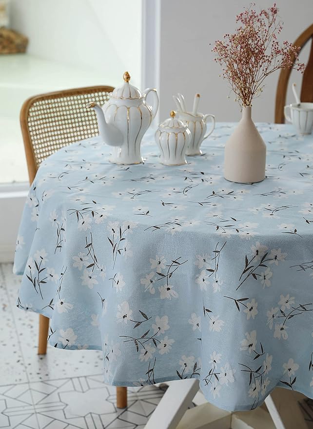 Pastoral Round Tablecloth - 60 Inch Dia. - Linen Fabric Table Cloth - Washable Table Cover with Dust-Proof Wrinkle Resistant for Restaurant, Picnic, Indoor and Outdoor Dining, Floral (Light Blue)