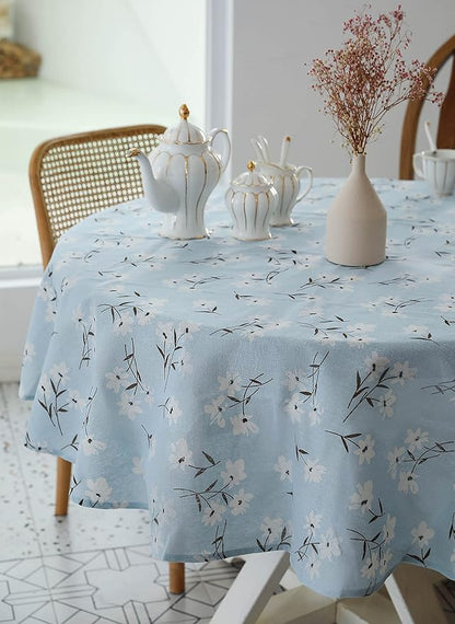 Pastoral Round Tablecloth - 60 Inch Dia. - Linen Fabric Table Cloth - Washable Table Cover with Dust-Proof Wrinkle Resistant for Restaurant, Picnic, Indoor and Outdoor Dining, Floral (Light Blue)