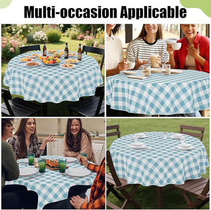 Smiry Picnic Table Cloth, Vinyl Tablecloths with Flannel Backing, 60" Round | Waterproof Picnic Table Cloth, Wipeable Buffalo Plaid Table Cover for Indoor and Outdoor (Aquamarine & White)