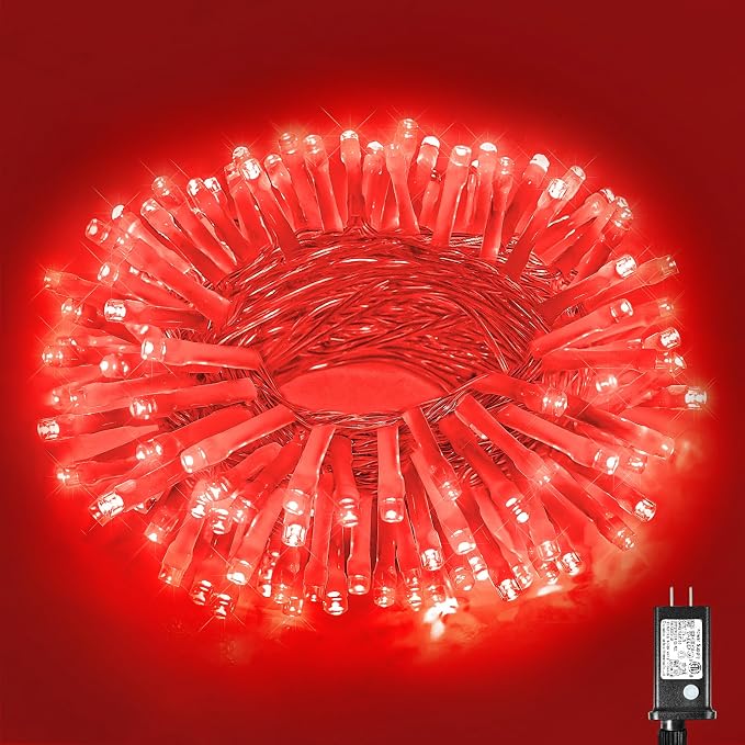Vivideal 100 LED Red Christmas Lights Outdoor, 33ft Red String Lights 8 Modes Clear Wire, Connectable Waterproof Plug in Led Light for Bedroom Indoor Outdoor Christmas Decorations