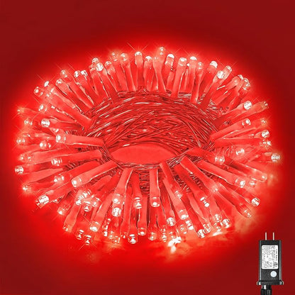 Vivideal 100 LED Red Christmas Lights Outdoor, 33ft Red String Lights 8 Modes Clear Wire, Connectable Waterproof Plug in Led Light for Bedroom Indoor Outdoor Christmas Decorations