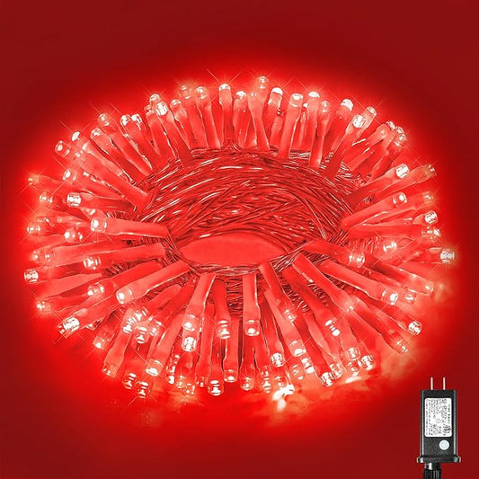 Vivideal 100 LED Red Christmas Lights Outdoor, 33ft Red String Lights 8 Modes Clear Wire, Connectable Waterproof Plug in Led Light for Bedroom Indoor Outdoor Christmas Decorations