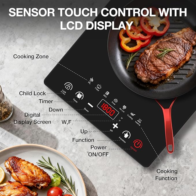 Portable Electric Cooktop GTKZW, 1800W Single Stove Burner Hot Plate with LED Touch Screen, for RV and Dorm