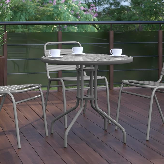 Flash Furniture 31.5 in Metal Round Table, Silver | Tempered Glass Top