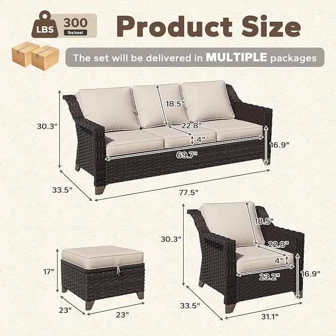 6 Piece Patio Furniture Set, Wicker Outdoor Conversation Set | Patio Chair Set with Olefin Removable Cushion, All-Weather Outdoor Couch with Deep Seat for Porch, Deck and Backyard, Beige