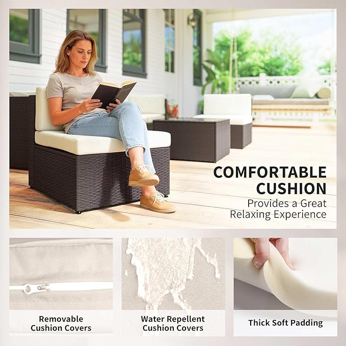 Outsunny 7 Piece Patio Furniture Set, Wicker Outdoor Sectional Sofa Set, All Weather PE Rattan Outdoor Furniture Conversation Sets with Cushions, Glass Top Coffee Table, Cream White