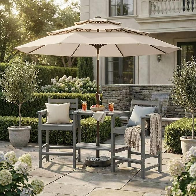 Kingdura 10ft 3-Tier Patio Umbrella, Outdoor Table Umbrella with Easy Crank & Tilt, 8 Reinforced Ribs, UV Protection for Deck, Pool, Market, Backyard (Beige)
