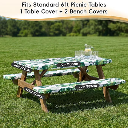 SquarePie Picnic Table Cover with Bench Covers - Waterproof Fitted Elastic Tablecloth for 6 FT Tables - Washable Polyester Camping Table Cloth for Outdoor Patio RV BBQ (Palm Leaf, 30"x72")