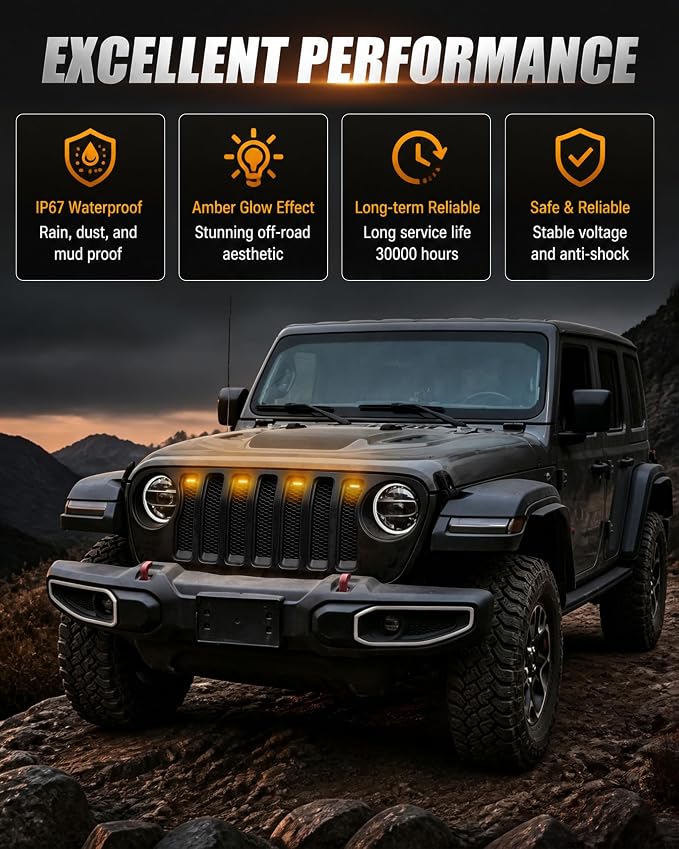 LED Grill Lights for Jeep Wrangler JL JLU 2018-2023 Accessories | Amber Front Bumper Marker Light, IP67 Waterproof, Clip-on Plug & Play, Running Lamp for Wrangler JL JLU Rubicon Sahara, 4pcs
