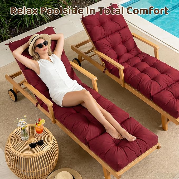 Outdoor Chaise Lounge Chair Cushion - Waterproof 74.8 x 21.7 x 4.7 Inches Memory Foam Pool Lounge Chair Cushions Replacement for Outdoor Furniture with Ties: Thickened Pool Chair Cushions, Red