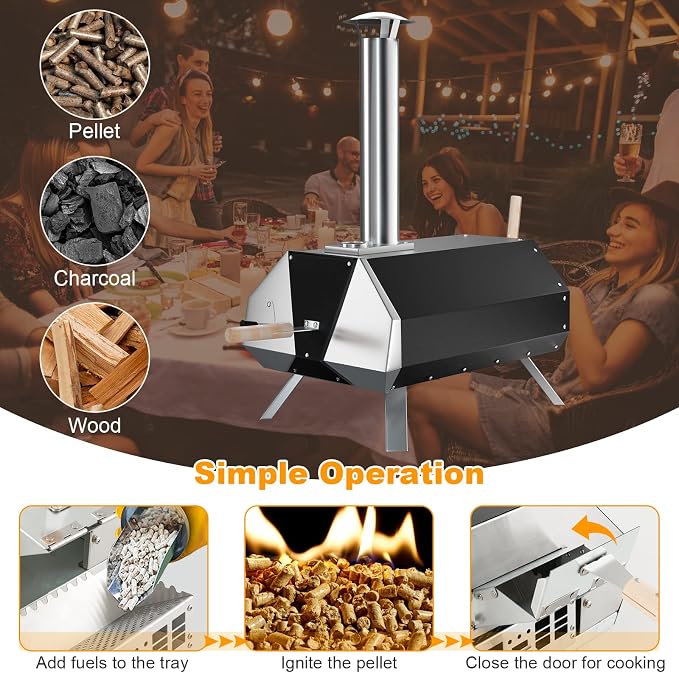 PETSITE Pizza Oven Outdoor, Wood Pellet Fired Pizza Oven with 12 Inches Pizza Stone & Thermometer, Portable Stainless Steel Grill Pizza Maker for Outside Backyard Party