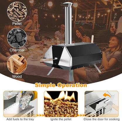 PETSITE Pizza Oven Outdoor, Wood Pellet Fired Pizza Oven with 12 Inches Pizza Stone & Thermometer, Portable Stainless Steel Grill Pizza Maker for Outside Backyard Party