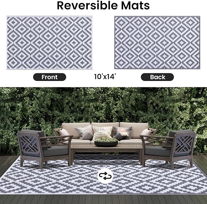 Smiry Outdoor Rug 10x14 ft Waterproof Reversible Boho Mat, White & Grey | Polypropylene Plastic Straw, Quick Drying, Lightweight Foldable, for Patio, Deck, RV Camping, Backyard and Indoor Outdoor Use