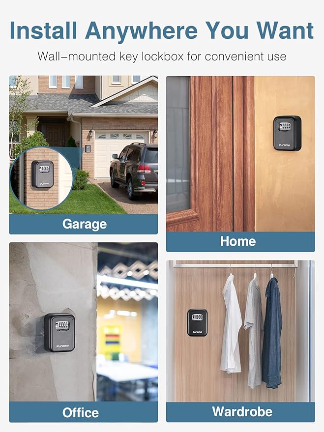 Puroma Security Key Lock Box, 4-Digit Combination Waterproof Safe Storage Lockbox with Code Wall Mount Large Capacity for Outdoor Outside House Dorm Office ID Card (Black)