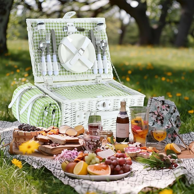 Wicker Picnic Basket Set for 4, Blanket, Cooler Bag, Green Plaid | Four-Person Wicker Set Includes Tableware, Insulated Food Storage and Waterproof Blanket for Parks, Camping, Dates and Gifts