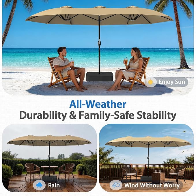 HOPERAN 15FT Patio Umbrella with Base Included, Large Outdoor Double-Sided Rectangle Table Umbrella with Easy Crank Lift, Market Umbrella for Backyard, Pool&Garden