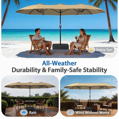 HOPERAN 15FT Patio Umbrella with Base Included, Large Outdoor Double-Sided Rectangle Table Umbrella with Easy Crank Lift, Market Umbrella for Backyard, Pool&Garden