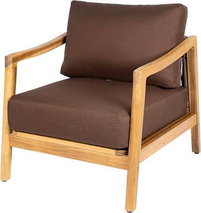 Christopher Knight Home Seward Acacia Wood Lounge Chair Outdoor with Removable Cushion, Solid Wood Patio Accent Chair with Rope Backrest, Patio Outdoor Armchair, Teak+Bown