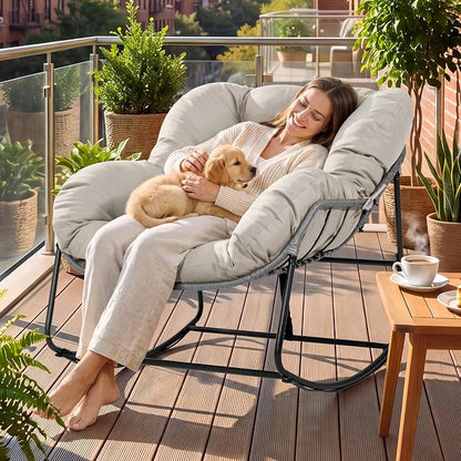 Bifanuo Oversized Egg Rocking Chair for Indoor/Outdoor – All-Weather Wicker Rattan Lounge Chair with Cushion, Patio Rocker for Porch, Garden, or Balcony (Classic Beige)