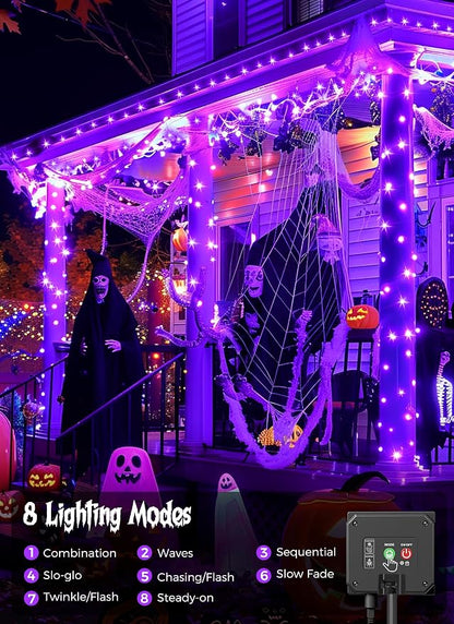 Minetom Solar Halloween Lights Outdoor, 40FT 100 LED Halloween String Light | Halloween Decoration Outdoor with 8 Modes, Black Wire, Waterproof Solar String Lights for Outside Tree Yard Party, Purple