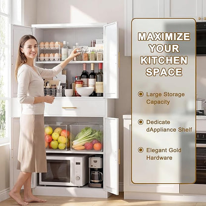 CJF 71" Metal Kitchen Pantry Cabinet with Drawer, Tall Storage Cabinet with 2 Adjustable Shelves and 4 Doors, Heavy Duty Freestanding Floor Cupboard for Home, Kitchen, Dining, Living, White