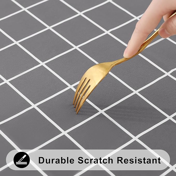 Rectangle Table Cloth, Wipeable Plastic Plaid Tablecloths, Waterproof Vinyl Table Cover with Flannel Backing for Dining, Picnic, Indoor and Outdoor (60" x 84", Grey)