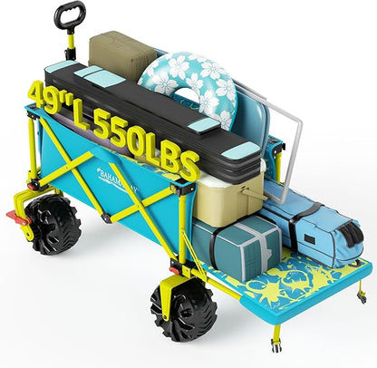 300lbs Extra Long 49" L Beach Wagon with Big Wheels with Brake for Sand, Collapsible Utility Beach Cart Heavy Duty Folding Wagon,Ideal for Outdoor Sand Camping Garden Pet