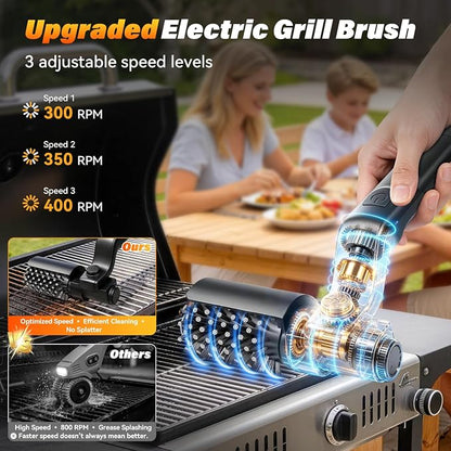 Electric Grill Brush for Outdoor Grill - Cordless Rechargeable Grill Cleaner with 180-Min Runtime, 3 Speeds, 545°F Heat Resistant, 180° Adjustable Angle, 2-in-1 Heavy-Duty BBQ Cleaning Kit