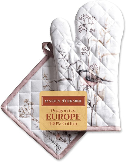 Maison d' Hermine 100% Cotton Oven Mitt & Pot Holder Set (7.5"x13" & 8"x8") Heat Resistant BBQ Cooking Gloves with Loop Baking Kitchen Hotel Home Farmhouse Spring Summer (Meadow Florals - Brown)