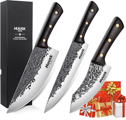 Huusk Hand Forged Chef Knife Set, High Carbon Steel Butcher Knife Set, Japanese Kitchen Knives for Home, Outdoor BBQ Camping Cooking, Gift Idea for Men