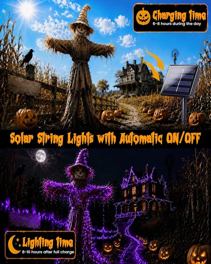 Solar Halloween String Lights Outdoor 2Pack 80FT 200LED Purple Fairy Lights | 8 lighting Modes, Auto On/Off, IP65 Waterproof, Copper Wire Twinkle Lights for Garden Tree Patio Halloween Decorations