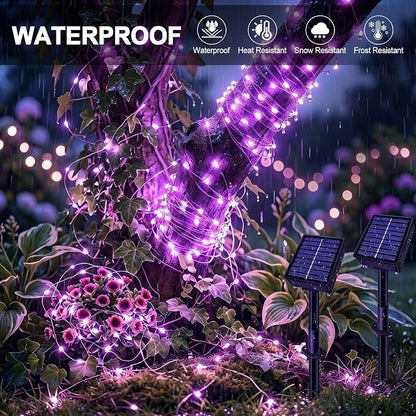 Solar String Lights 2 Pack Total 66FT 200LED Solar Fairy Lights Outdoor Waterproof 8 Lighting Modes Twinkle Lights for Patio, Garden Yard Party Wedding Tree Christmas Halloween Decoration, Purple