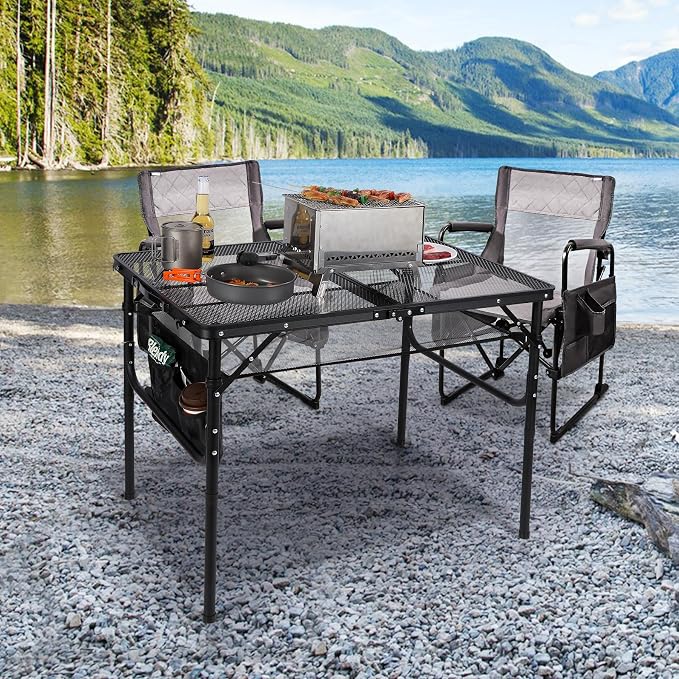 Folding Grill Table,Aluminum Portable Grill Stand Table for Outdoor Camping Picnic BBQ Lightweight, Adjustable Height, 36''x24''x16/28'', Black