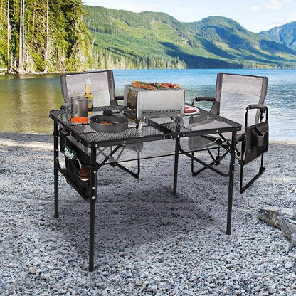 Folding Grill Table,Aluminum Portable Grill Stand Table for Outdoor Camping Picnic BBQ Lightweight, Adjustable Height, 36''x24''x16/28'', Black