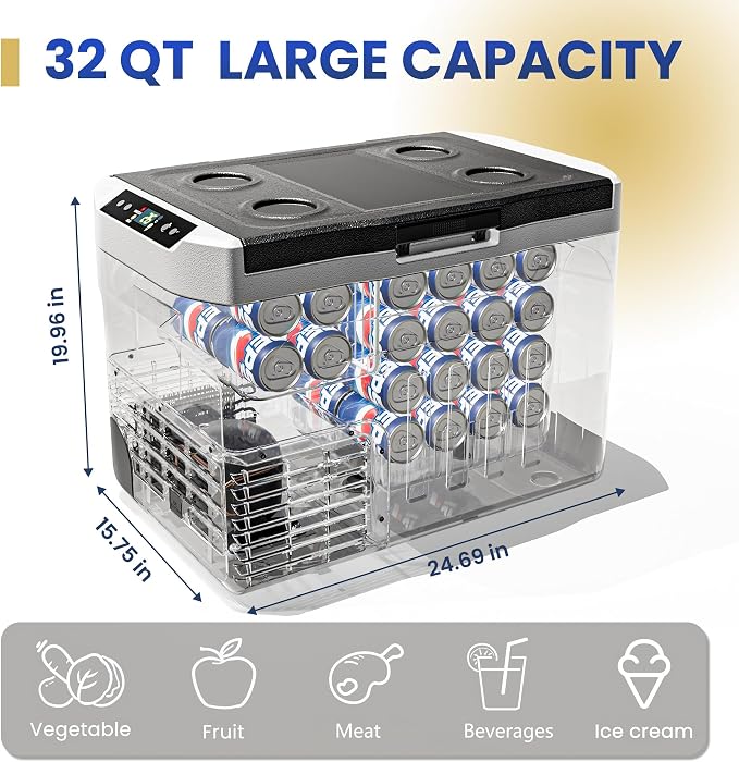 EUHOMY 12 Volt Refrigerator, 32QT(30L) 12V Cooler, Compressor Electric Cooler -4℉~68℉, 12V Fridge 12/24V DC 100-240V AC, Portable Freezer for Camping, Travel, Truck, Home