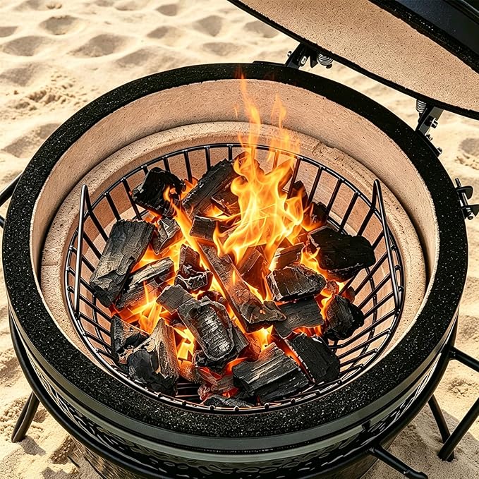 14" Foldable Charcoal Basket for Big Green Egg Large, Heavy Duty Porcelain Steel Ash Basket for Kamado Grill, Collapsible Handle (Black, L)