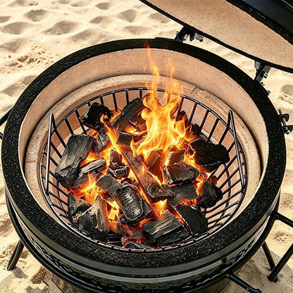 14" Foldable Charcoal Basket for Big Green Egg Large, Heavy Duty Porcelain Steel Ash Basket for Kamado Grill, Collapsible Handle (Black, L)