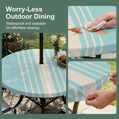 Outdoor Fitted Tablecloth with Umbrella Hole and Zipper, Lake Blue Beige Striped Elastic Round Patio Table Cover, Farmhouse Retro Lines Modern Table Protector for Backyard BBQ Party 45''-54''