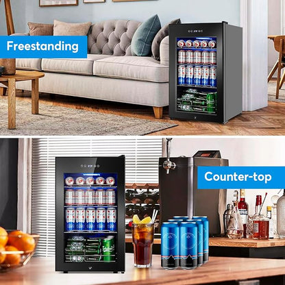 FoMup Beverage Refrigerator 17 inch Wide - 126 Can Beverage Cooler with Glass Door | Counter Top/Freestanding Mini Beverage Beer Fridge | Temperature Memory | Invisible Door | Perfect for Soda, Beer