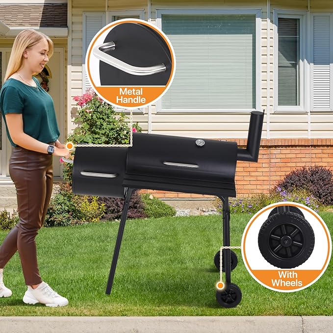 Charcoal Grill Outdoor BBQ Grill 43 Inch Portable Camping Grills with Offset Smoker & Pulleys for Picnics Parties Patio,Black