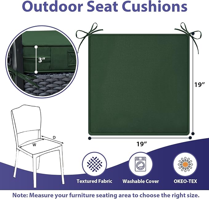 IPYNBAP Outdoor Chair Cushions Set of 4 -Waterproof Outdoor Seat Cushions for Patio Furniture, Patio Chair Cushion with Handle and Ties, Out Door Chair Pads,19x19x3-Square, Forest Green
