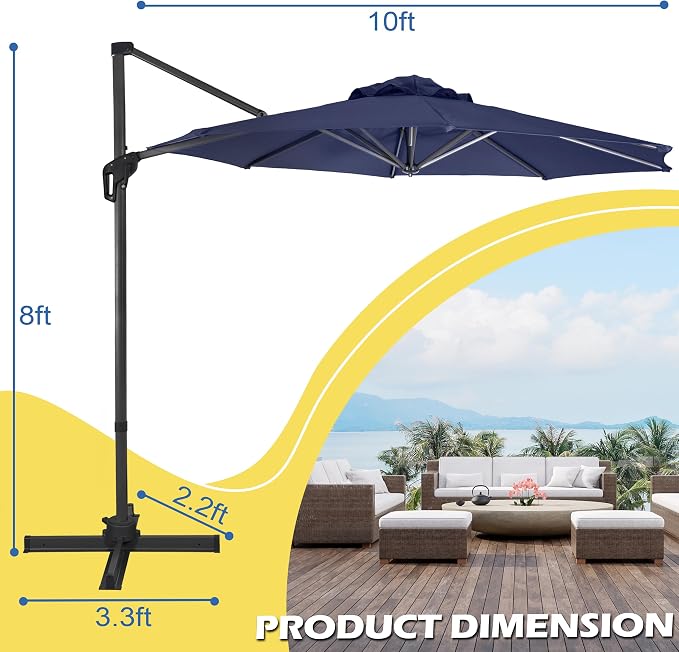 Sunnyglade 10Ft Cantilever Patio Umbrella, 360° Rotation & Integrated Tilting System Offset Umbrella with 8 Sturdy Ribs, Fade-resistant & Waterproof for Garden Backyard Poolside Deck