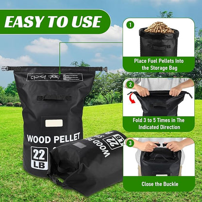 22LB Waterproof Wood Pellet Storage Bag - Dual Handles, Label Pocket, Portable BBQ Smoker Pellet Storage Containers Bin, Stay Dry Pellet Grill Accessories for Fuel, Charcoal, Wood Chips-1PCS