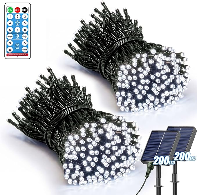 2 Pack 200LED Solar Christmas String Lights Outdoor Waterproof | Total 132FT Twinkle Lights with 8 Lighting Modes Remote for Outside Christmas Trees Decorations, Cool White