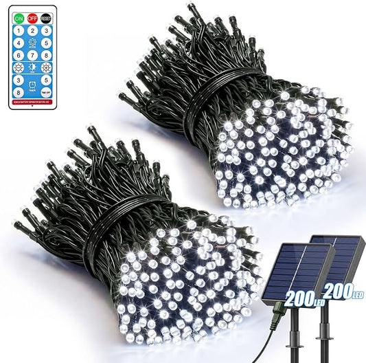 2 Pack 200LED Solar Christmas String Lights Outdoor Waterproof | Total 132FT Twinkle Lights with 8 Lighting Modes Remote for Outside Christmas Trees Decorations, Cool White