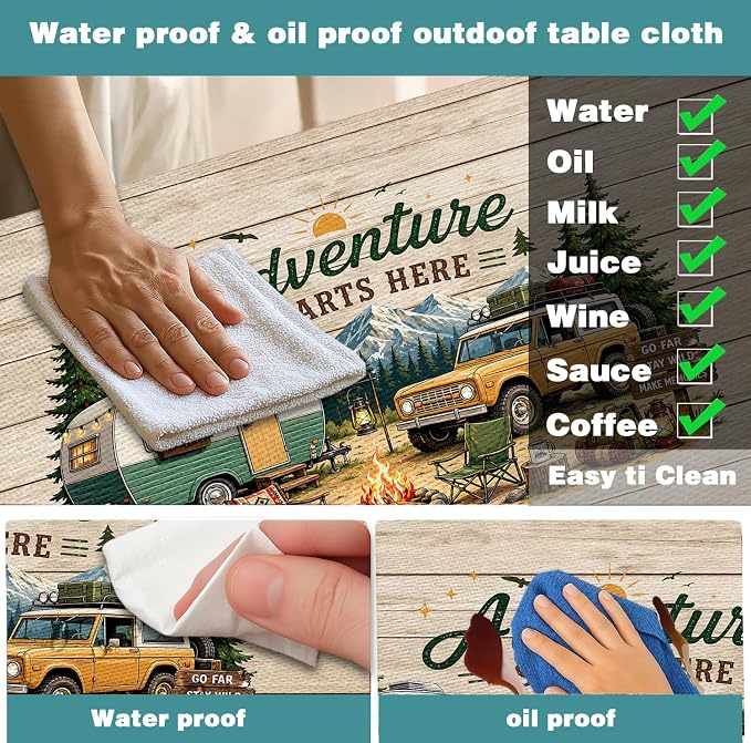 Picnic Table Cover with Bench Covers and Bag, Elastic Edges Waterproof Windproof Wooden RV Camper Outdoor Tablecloth, Camping Essentials, Fitted 6FT Rectangle Tables and Seats, 3 Pcs, 30x60 Inch